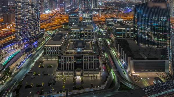 Futuristic Dubai Downtown Finansial District Skyline Airnight Timelapse Англійською Багато — стокове фото
