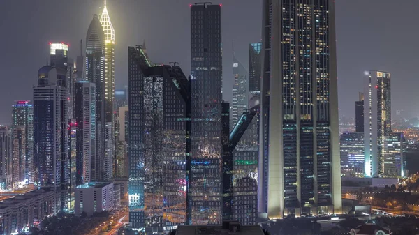 Close View Dubai Financial Center District Tall Skyscrapers Illuminated Night — Stockfoto