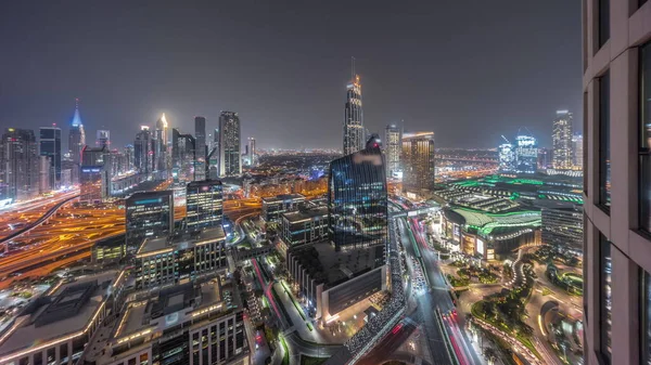 Futuristisch Dubai Downtown Financiële Wijk Skyline Luchtfoto Nachtelijke Timelapse Panorama — Stockfoto