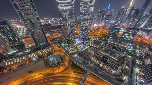 Futurystyczny Dubai Downtown Finansowa Dzielnica Skyline Antenowa Noc Timelapse Wiele — Zdjęcie stockowe
