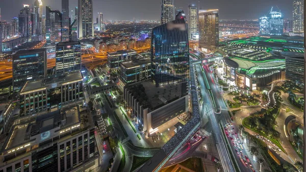 Futurista Dubai Downtown Distrito Financeiro Skyline Aéreo Noite Timelapse Muitas — Fotografia de Stock