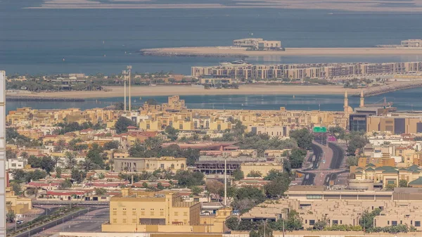 Letecký Pohled Mnoho Bytových Domů Vil Dubaji Města Timelapse Mrakodrapu — Stock fotografie