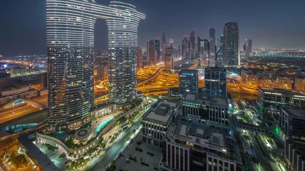 Futuristic Dubai Downtown Finansial District Skyline Aerial Night Day Transition — Fotografia de Stock
