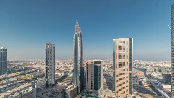 Vista Del Cielo Los Rascacielos Hoteles Dubai Timelapse Aéreo Centro —  Fotos de Stock