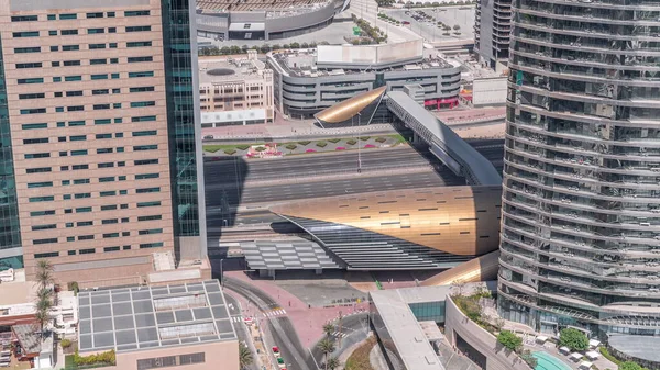 Busy Sheikh Zayed Road Traffic Aerial Timelapse Exit Metro Station — Stockfoto