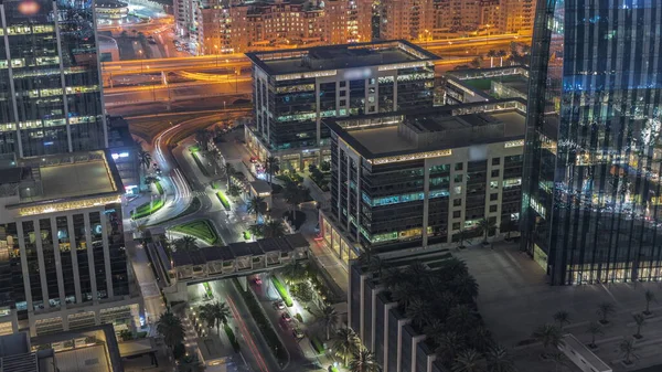 Aerial Panorama Downtown Dubai Office Buildings Traffic Street Night Timelapse — Stockfoto