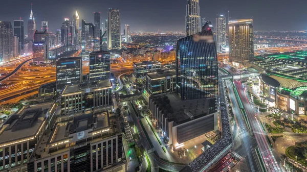 Futuristic Dubai Downtown Finansial District Skyline Aerial Night Timelapse Many — Stock Photo, Image