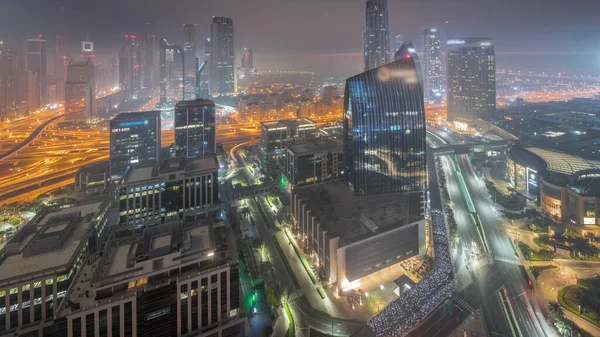 Futuristic Dubai Downtown Finansial District Skyline Aerial Night Day Transition —  Fotos de Stock