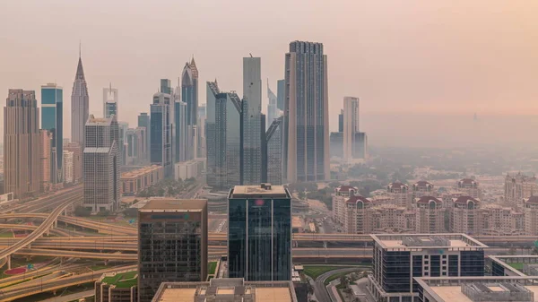 Panorama Dubai Financial Center District Tall Skyscrapers Timelapse Aerial View — Stock Photo, Image