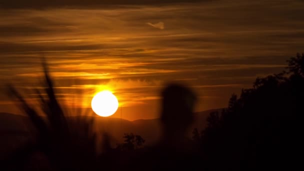 Menschen bewundern den Zeitraffer des Sonnenuntergangs in der Nähe des Tempels von Debod Park in Madrid. — Stockvideo