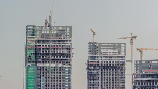 Tall buildings under construction and cranes night timelapse — Stock video