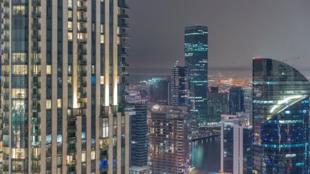 Aerial panoramic view of a big futuristic city night timelapse. Business bay and Downtown — 비디오