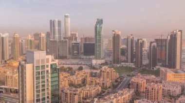 Aerial panoramic skyline of a big futuristic city timelapse. Business bay and Downtown