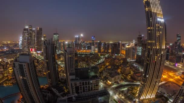 Aerial panorama of a big futuristic city night to day timelapse. Business bay and Downtown — стокове відео