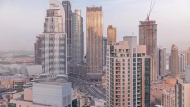 Aerial panoramic skyline of a big futuristic city timelapse. Business bay and Downtown