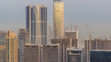 Aerial panoramic skyline of a big futuristic city timelapse. Business bay and Downtown