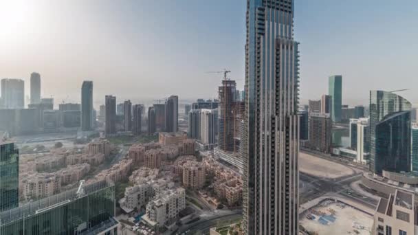 Aerial panoramic skyline of a big futuristic city timelapse. Business bay and Downtown — Stockvideo