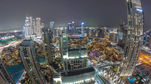 Panorama Aéreo Gran Timelapse Nocturno Futurista Ciudad Bahía Negocios Distrito —  Fotos de Stock