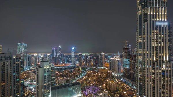 Flygfoto Panoramautsikt Över Stor Futuristisk Stad Natthimlen Timelapse Business Bay — Stockfoto