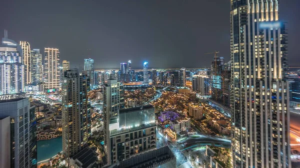 Aerial Panoramic View Big Futuristic City Night Timelapse Business Bay — Stock Photo, Image