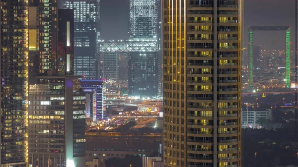 Torres Dubai Centro Financiero Internacional Distrito Aéreo Noche Timelapse Edificios —  Fotos de Stock