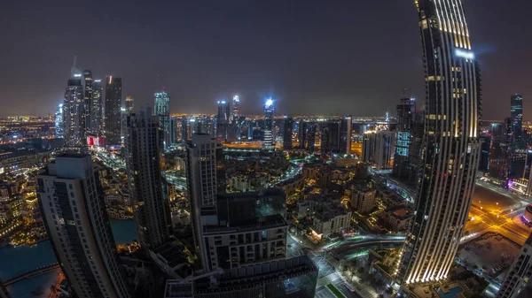 Panorama Aereo Una Grande Città Futuristica Notte Giorno Transizione Timelapse — Foto Stock