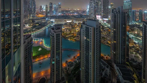 Dubai Downtown Fountains Modern Futuristic Architecture Aerial Night Day Transition — Stock Photo, Image