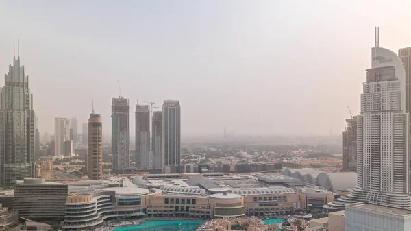 Dubai Centro Cidade Com Fontes Arquitetura Futurista Moderna Timelapse Aérea — Fotografia de Stock