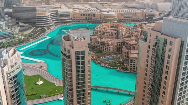Dubai Downtown Artificial Lake Modern Futuristic Architecture Aerial Timelapse Top — Stock Photo, Image