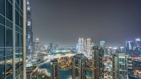 Dubai Centro Com Fontes Arquitetura Moderna Futurista Cronometragem Aérea Durante — Fotografia de Stock