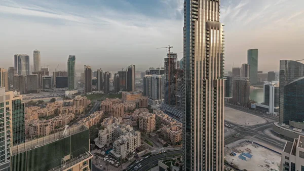 Panorama Mostrando Horizonte Panorâmico Aéreo Uma Grande Cidade Futurista Durante — Fotografia de Stock