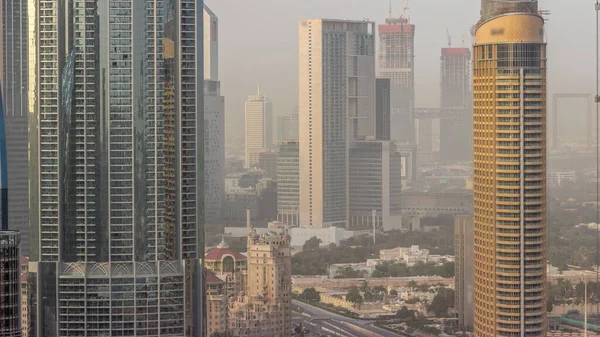 Torens Dubai International Financial Centre District Luchtfoto Timelapse Kantoorgebouwen Hotels — Stockfoto
