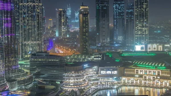 Dubai Belvárosában Szökőkutak Modern Futurisztikus Építészet Légi Éjszakai Időzóna Közelében — Stock Fotó