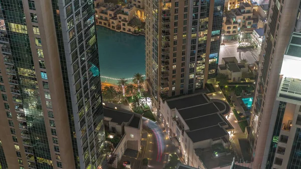 Dubai Centrum Met Fonteinen Moderne Futuristische Architectuur Antenne Nacht Timelapse — Stockfoto