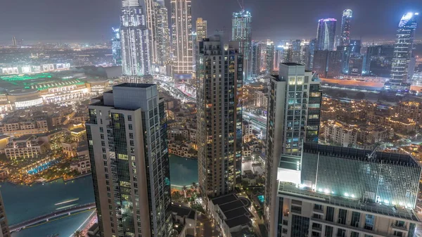 Flygfoto Panoramautsikt Över Stor Futuristisk Stad Natt Timelapse Business Bay — Stockfoto
