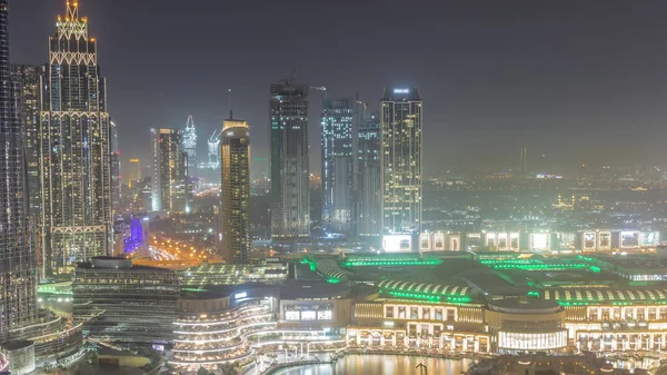 Dubai Centrum Med Fontäner Och Modern Futuristisk Arkitektur Antenn Hela — Stockfoto