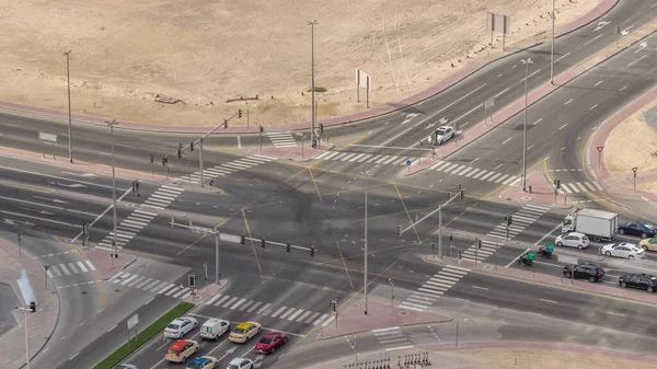 Tráfico Ocupado Intersección Carreteras Centro Dubai Timelapse Aéreo Muchos Coches — Foto de Stock