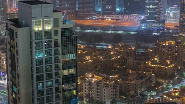 Aerial View Skyscrapers Traditional Houses Night Timelapse Business Bay Downtown — Stock Photo, Image