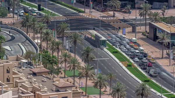 Bussy Traffic Road Intersection Dubai Downtown Aerial Timelapse Many Cars — Stock Photo, Image