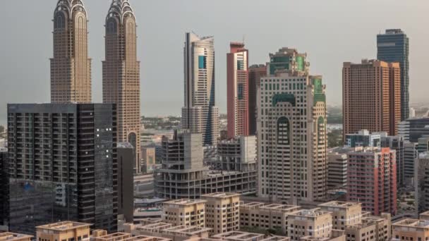 Skyscrapers in Barsha Heights district and internet city towers aerial timelapse. — Stock Video