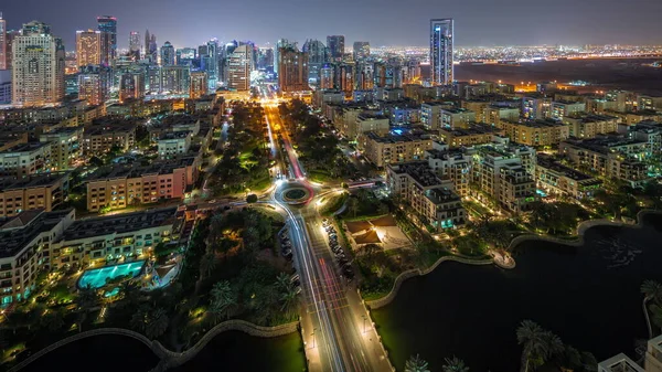 Wolkenkratzer Barsha Heights District Und Flachbauten Greens District Luftige Nacht — Stockfoto