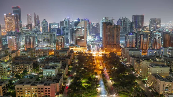 Rascacielos Distrito Barsha Heights Edificios Poca Altura Timelapse Nocturno Aéreo — Foto de Stock