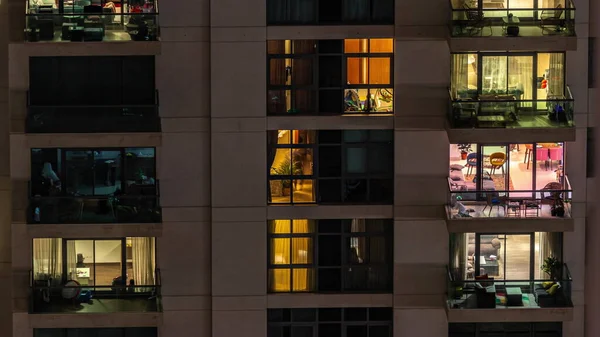 Windows Apartment Building Night Timelapse Light Illuminated Rooms Houses Urban — Stock Photo, Image
