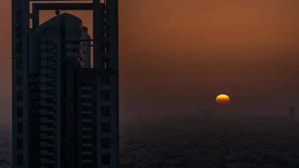 Sunrise Skyscrapers Barsha Heights District Villa Houses Power Lines Aerial — Stock Photo, Image