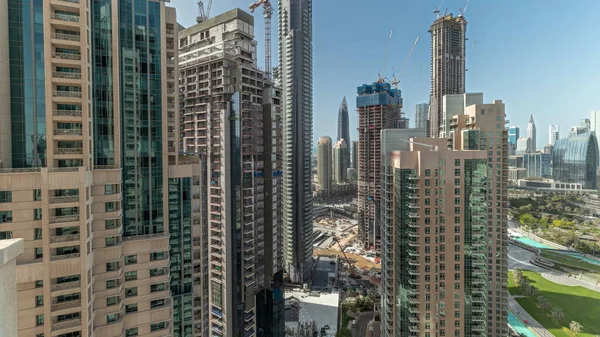 Panorama Showing Dubai Downtown Cityscape Tallest Skyscrapers Aerial Timelapse Construction — Stock Photo, Image