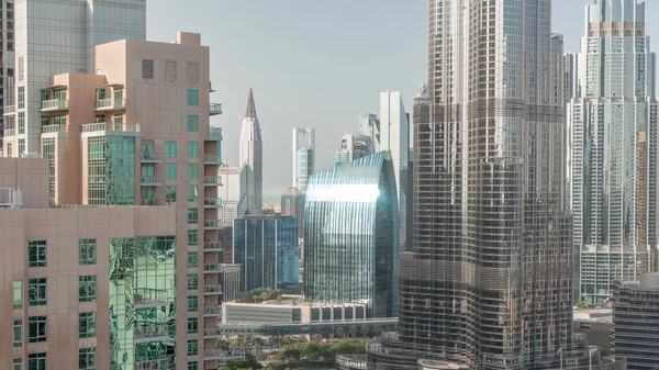 Dubai Downtown Cityscape Sun Reflected Glass Tallest Skyscrapers Aerial Timelapse — Stock Photo, Image