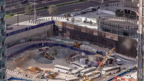 Grues Bulldozers Travaillant Sur Chantier Construction Nouveau Gratte Ciel Timelapse — Photo