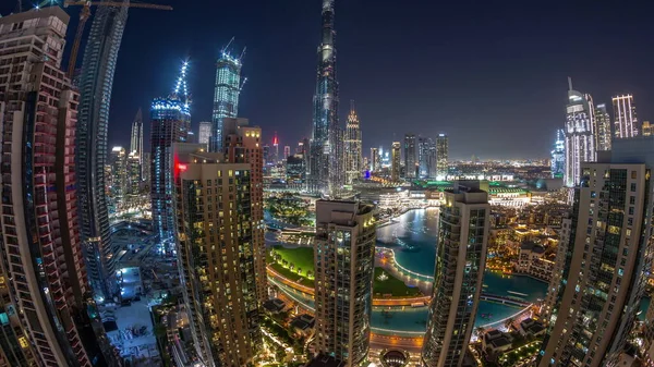 Panoráma Dubai Belvárosában Városkép Legmagasabb Felhőkarcolók Körül Légi Éjszakai Időzóna — Stock Fotó