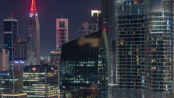 Légi Kilátás Dubai Nemzetközi Pénzügyi Központ Kerület Felhőkarcolók Éjszakai Időeltolódás — Stock Fotó