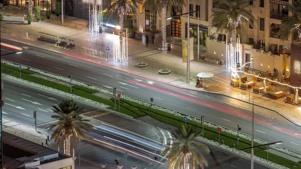 Druk Verkeer Weg Dubai Centrum Luchtfoto Nachtelijke Tijdspanne Wandelboulevard Met — Stockfoto